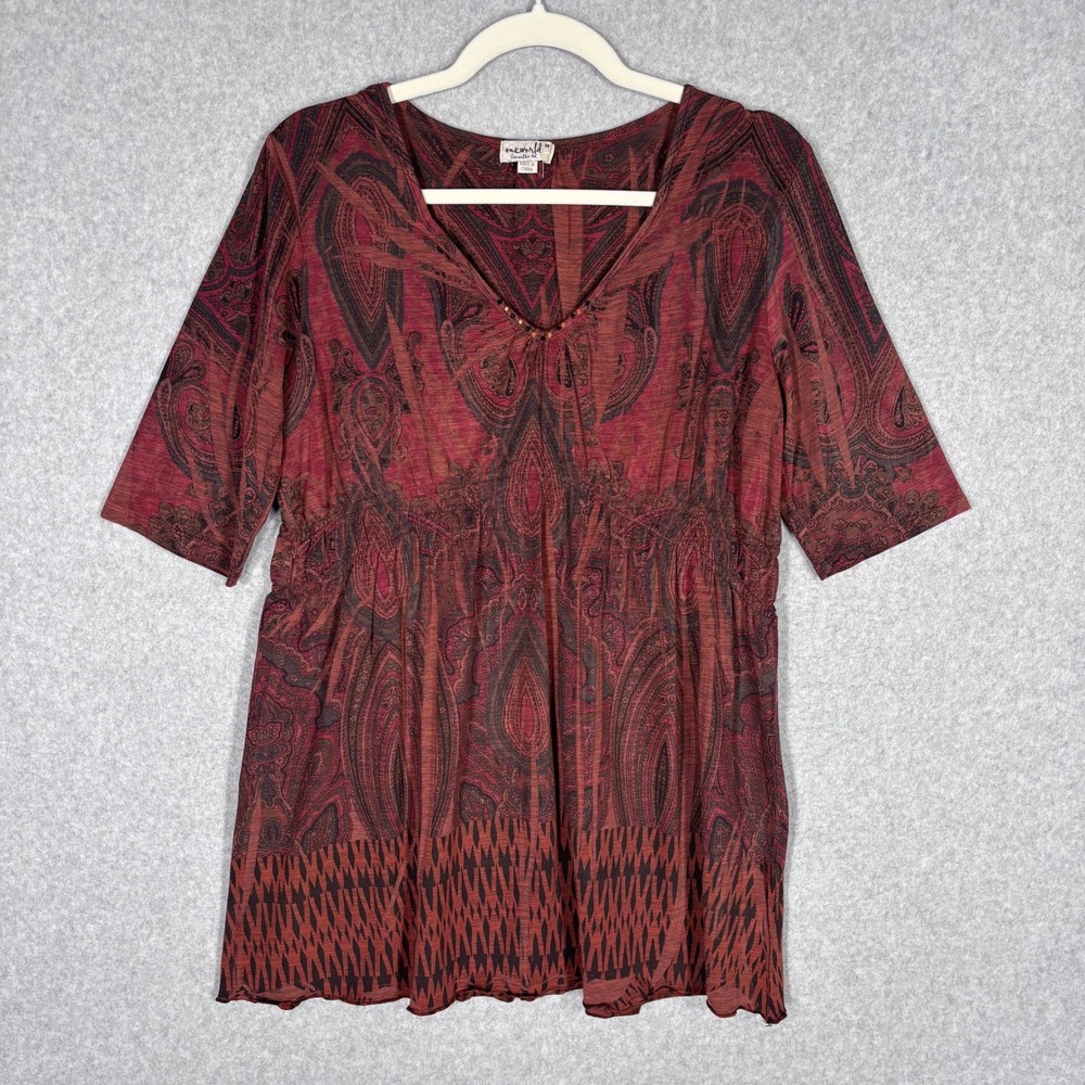 One World Fairy Grunge Babydoll Tunic Top Medium Red‎ Paisley Beaded Dark Flowy
